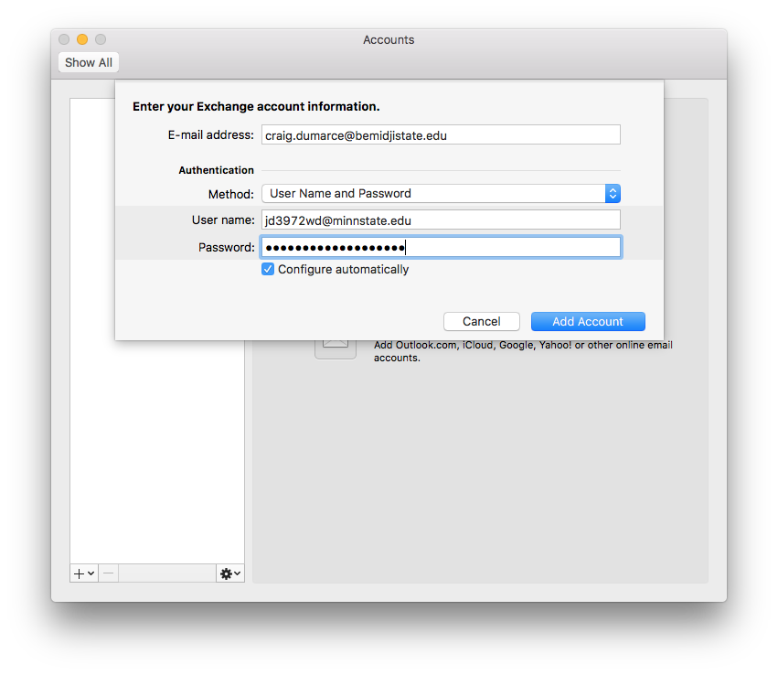 using exchange for mac outlook user name timeout